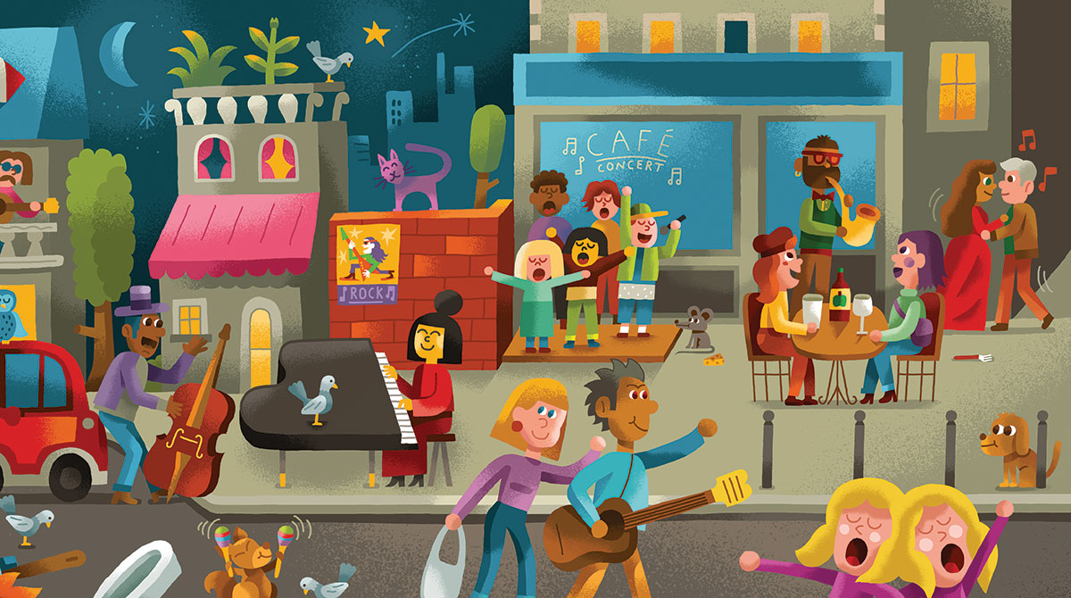 Oyez, oyez, tenez-vous prêts, petits loustics,
le 21 juin, on fête l’été et la musique ! Illustrations : Sébastien Touache.