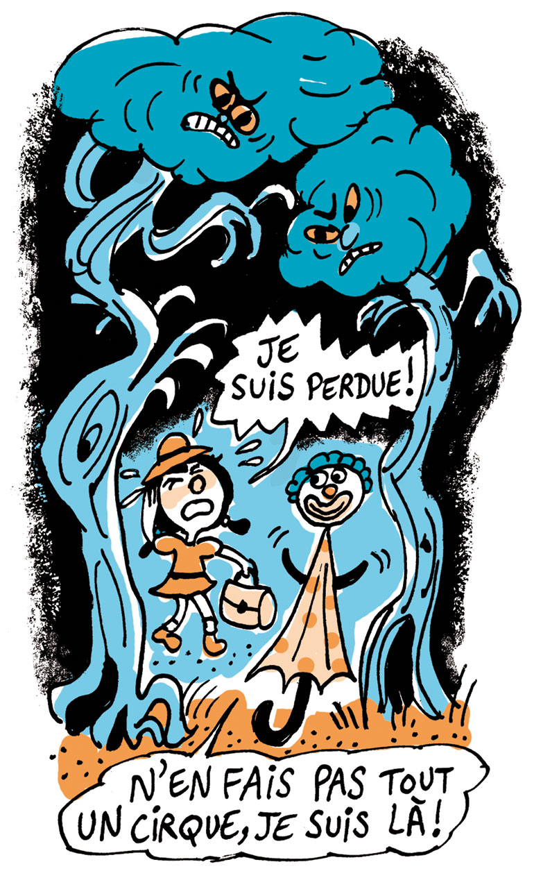 Lina finit par trouver le chemin du village grâce à… un parapluie à tête de clown ! "La cité des brumes oubliées".