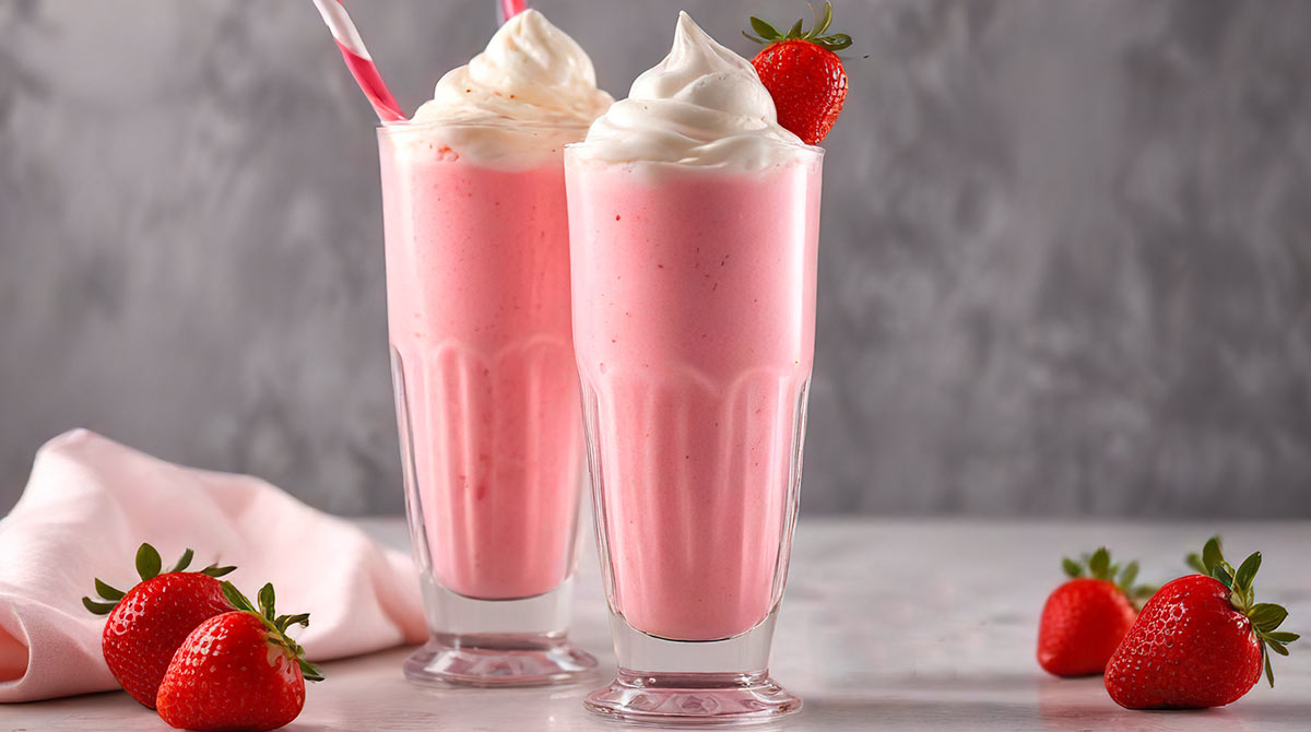 “Strawberry milkshake” (milkshake à la fraise), une recette d'été en français et en anglais.