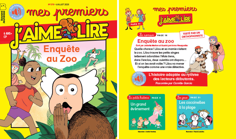 Couverture et sommaire de Mes premiers J'aime lire n°275, juillet 2025,“Enquête au zoo”.