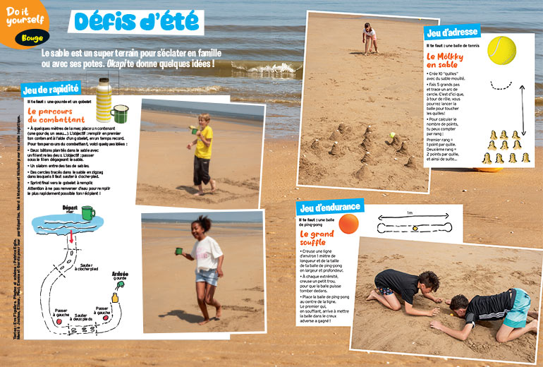 3 jeux à faire sur le sable avec les enfants. Un jeu d'adresse, un jeu de rapidité et un jeu d'endurance.