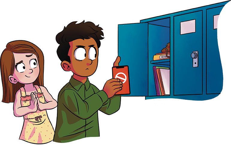 Depuis 2018, la loi interdit l’utilisation du portable dans l’enceinte du collège. Illustration : Mouk. Okapi n° 1227.