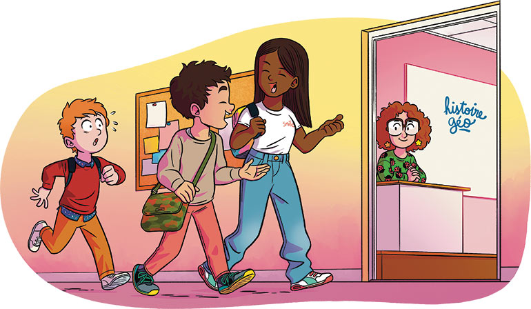 Au collège, il y a une salle de classe par matière. Il y a 5 minutes entre chaque
cours pour changer
de salle et… papoter. Illustration : Mouk. Okapi n° 1227.