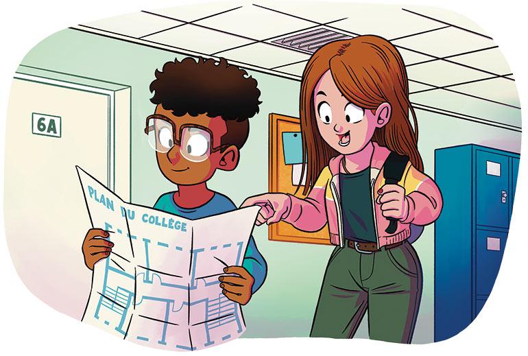 Les surveillant(e)s sont là pour aider les élèves à se repérer. Ils peuvent aussi demander aux élèves plus âgé(e)s qui connaissent bien l’établissement. Illustration : Mouk. Okapi n° 1227.