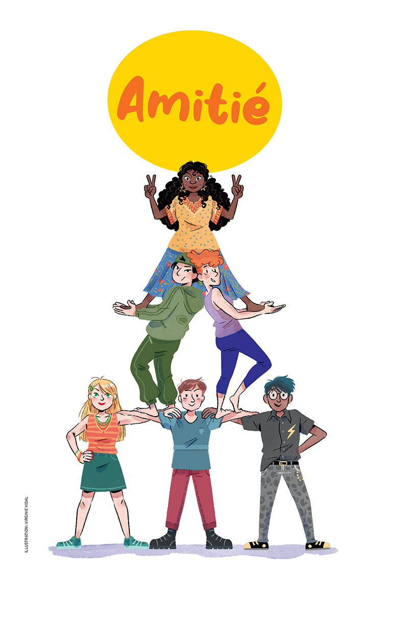 Illustration pour les questions d'ados sur l'amitié à lire dans le hors-série “Okapi : 100 questions de filles et garçons” - juillet-août 2025.