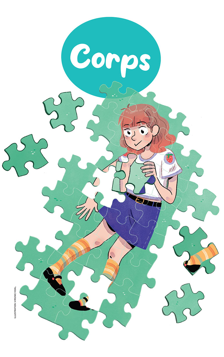 Illustration pour les questions d'ados sur le corps à lire dans le hors-série “Okapi : 100 questions de filles et garçons” - juillet-août 2025.