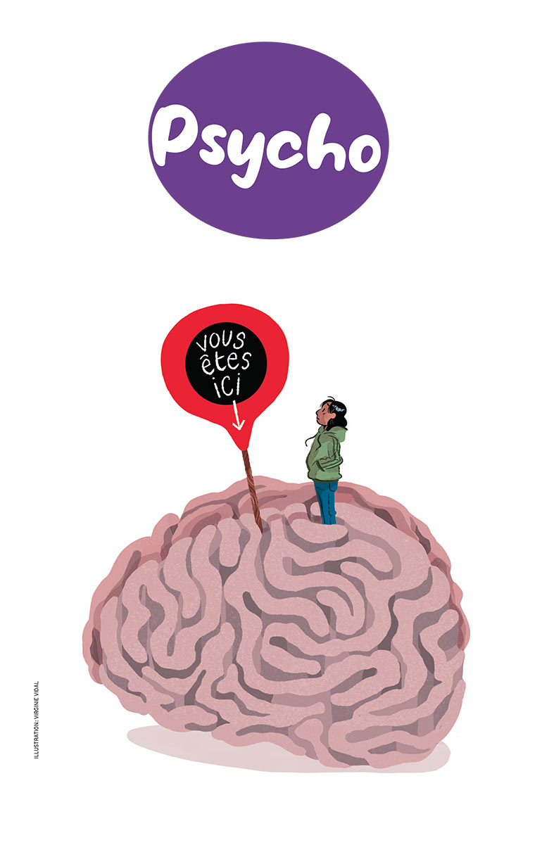 Illustration pour les questions d'ados sur la psycho à lire dans le hors-série “Okapi : 100 questions de filles et garçons” - juillet-août 2025.