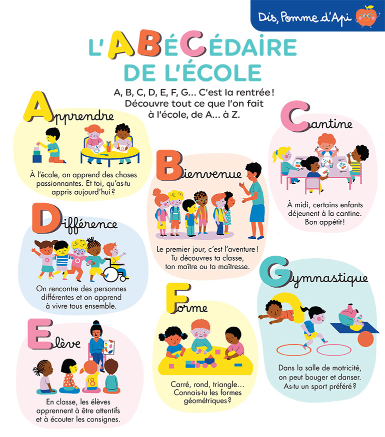 “L'abécédaire de l'école”, Pomme d'Api n° 715. Illustration : Marie-Élise Masson.