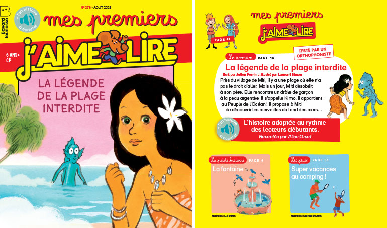 Couverture et sommaire de Mes premiers J'aime lire n°276, août 2025, “La légende de la plage interdite”.