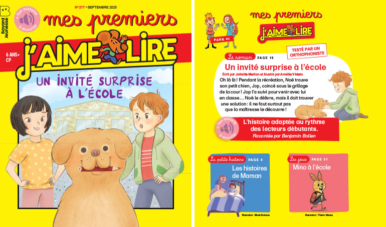 Couverture et sommaire de Mes premiers J'aime lire n° 277, septembre 2025. « Un invité surprise à l'école ».
