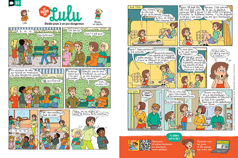 Le club de Lulu : “Élodie joue à un jeu dangereux”. Astrapi n° 1059, 1er juin 2025. Illustration : Marylise Morel.