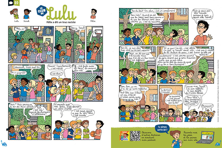 ”Le club de Lulu : Félix a dit un truc raciste”, BD extraite du magazine Astrapi n° 1064. Création : Bernadette Després. Dessin : Marylise Morel. 