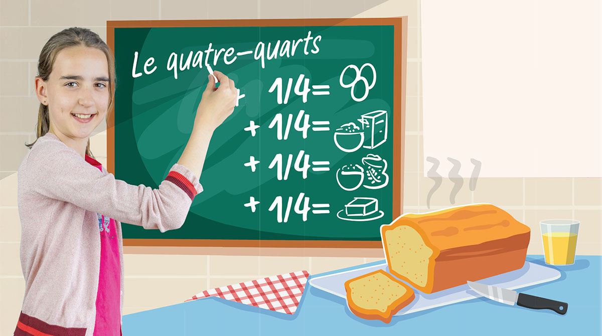 On peut écrire les proportions avec des fractions, comme le montre cette recette de quatre-quarts.