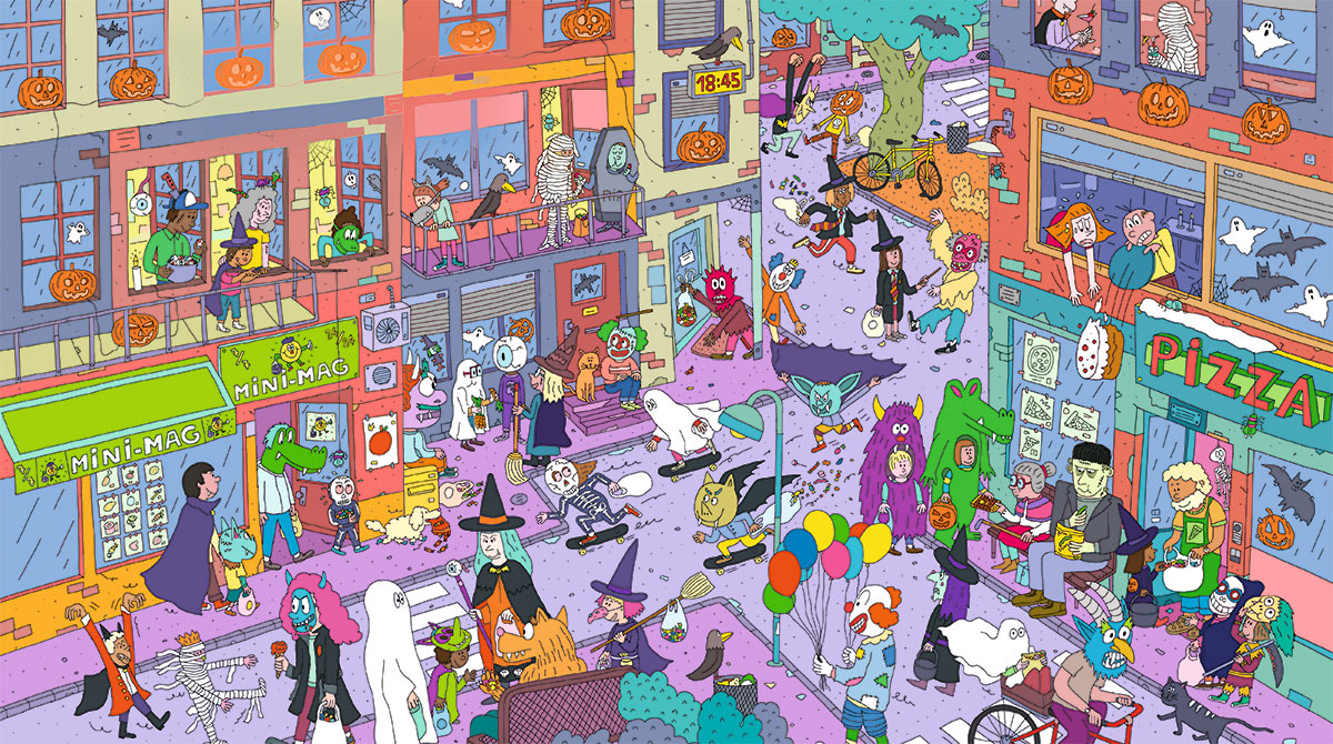 “Halloween party !”, des jeux d'Halloween à découvrir dans Astrapi n°1067. Illustrations Benoît Audé.
