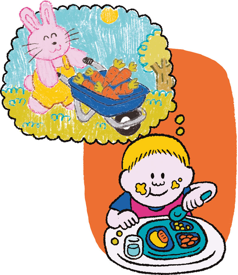 Un petit garçon mange des carottes et imagine un petit lapin qui les transporte dans sa brouette.