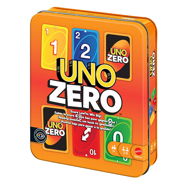 🎲 Uno Zéro, dès 7 ans, 2 à 8 joueur(se)s, éd. Mattel, 14,99 €.