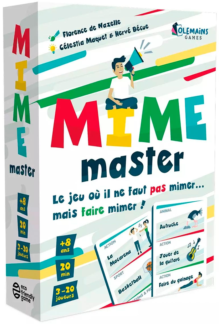 🎲 Mime Master, dès 8 ans, 3 à 20 joueur(se)s, éd. Olémains, 10,90 €.