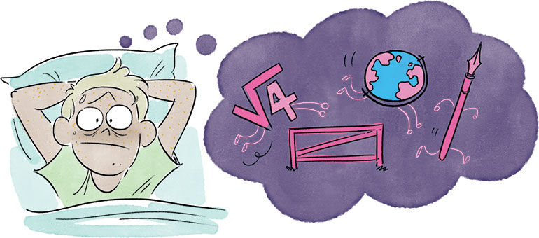 Un ado pense à ses leçons dans son lit et n'arrive pas à s'endormir.