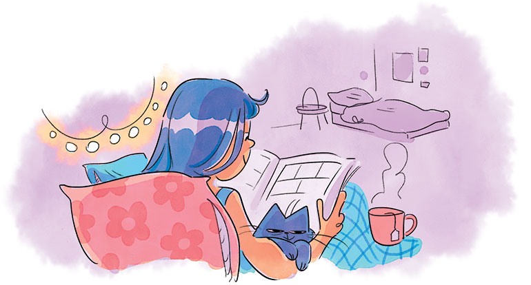 Un coin aménagé dans une chambre avec des coussins et une petite lampe : ambiance cosy garantie !